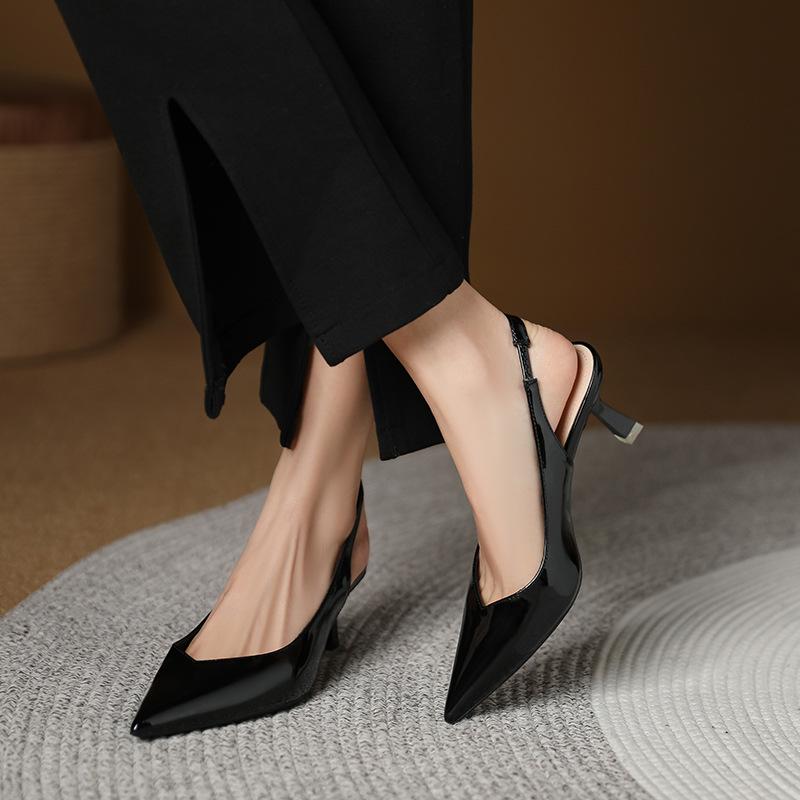 Elegant Slingback High Heels Sandals Woman Rear-Strap Shoes Ladies Office Dress Shiny Leather Pumps Pointed Toe Cut-Out Tacones