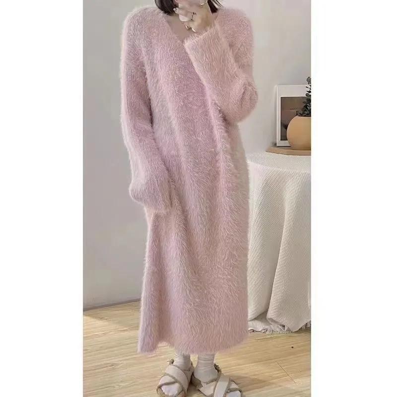Sonbahar/Kış Bol Popüler Pembe Taklit Vizon Polar Bol Diz Boyu Uzun Kürk Elbise Kadın Pijama Elbise Düz Renk
