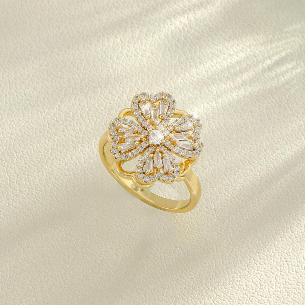 Golden Plated Rotatable Flower Synthetic Cubic Zirconia Ring for Women Luxury Statement Jewelry Gift