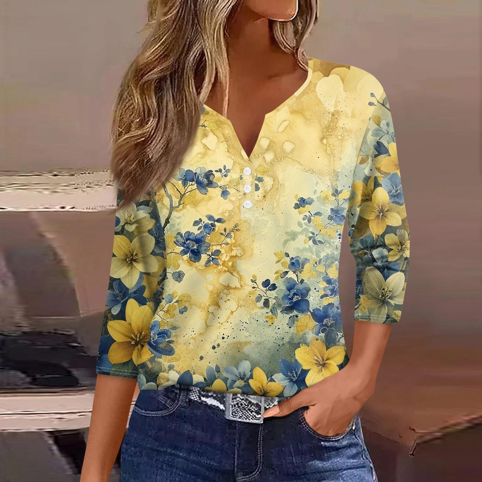 

Жен. Футболка С принтом Пуговицы Рукав 3/4 Повседневные Выходные Мода Классический Классический V-образный вырез Обычный Верх L оранжевый