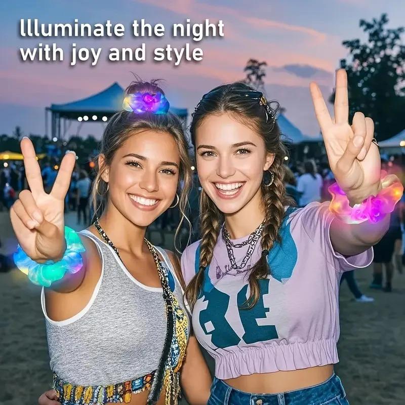 LED Glow Large Sausage Hair Tie DIY Night Light Headband Shiny Cheer Hairband Elastic Hair Accessories for Christmas Party Decor