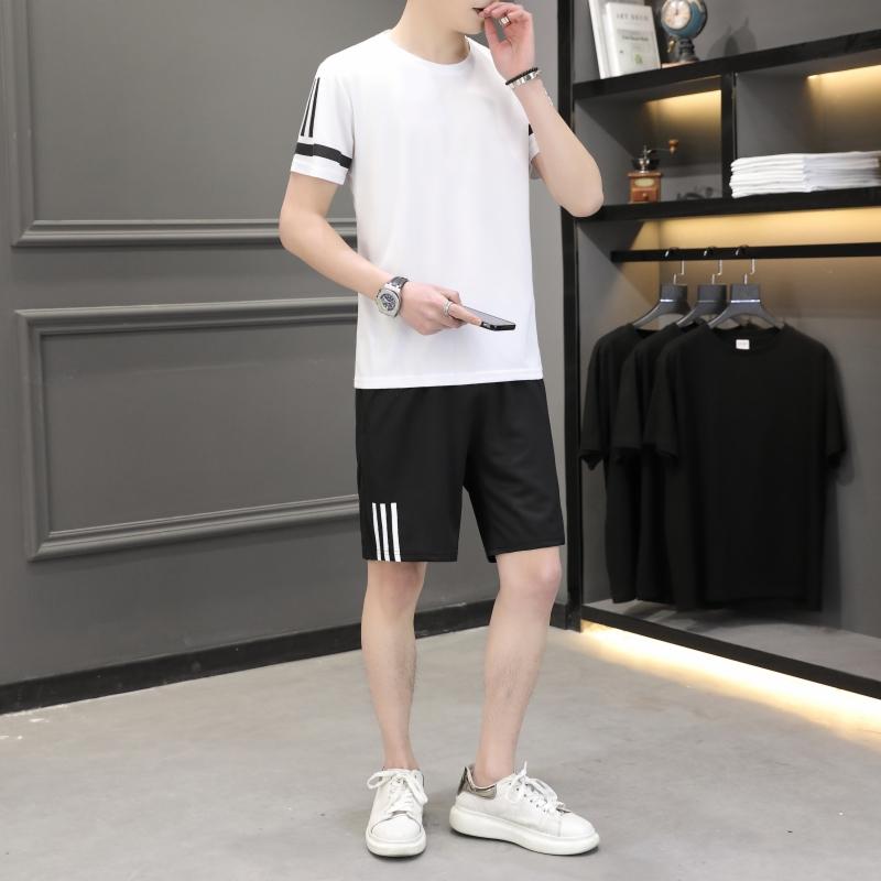 Summer Sports Suit For Men Solid Color Ice Silk Casual Loose Round Neck Short Sleeve Men's Sports Two-piece Summer Thin Suit