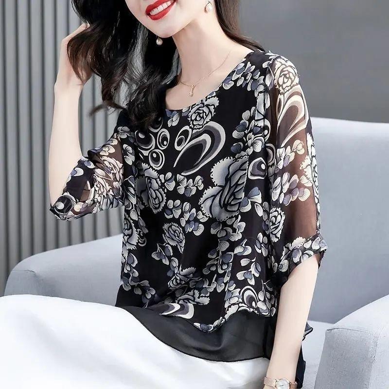 Plus Size Women Printed Chiffon Three Quarter Sleeve Fashionable Blouse