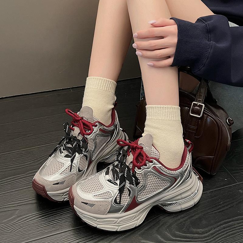 Silver-gray thick-soled polished Paris Daddy shoes women's shoes 2025 autumn new heightening mesh casual sports shoes