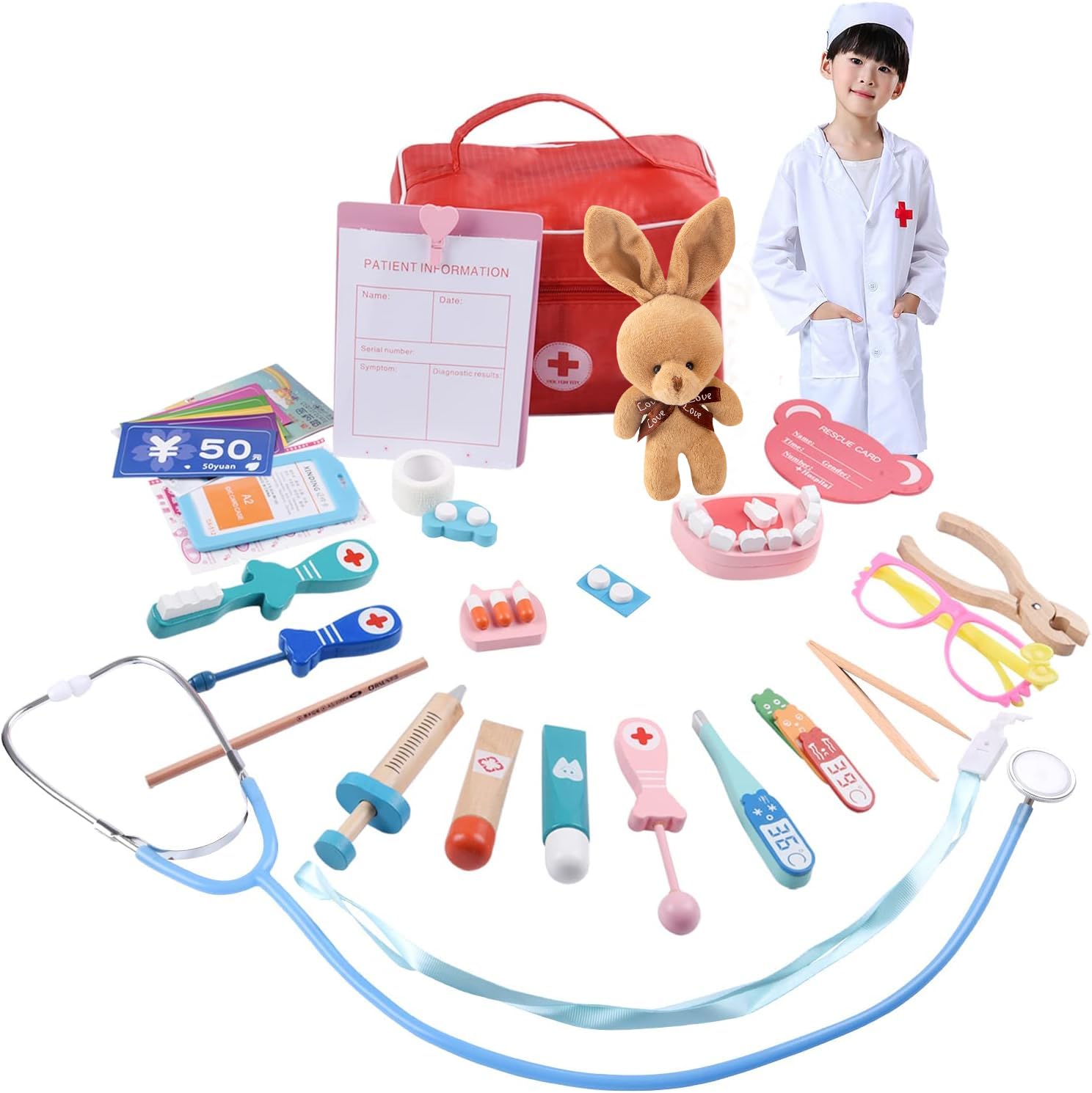 

Wooden Play Dentist Play Set, Mini Doctor Set, Wooden Toy for Kids, Nurse Uniform & Hat Set, Birthday/Christmas Gift for Girls and Boys