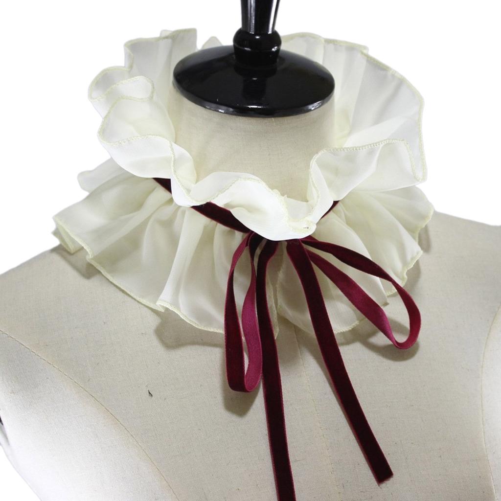 Women Renaissance Elizabethan Chiffon Ruffle Fake Collar Vintage Neck Ruff Lace-Up Detachable Choker Shawl Wrap Costume