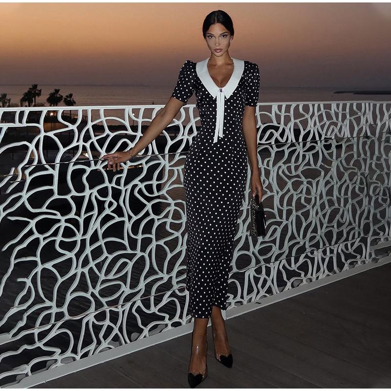 

Женское платье в горошек, пэчворк, с принтованной отделкой, летний новый стиль, приталенное, с темпераментом, с завышенной талией, миди L чёрный