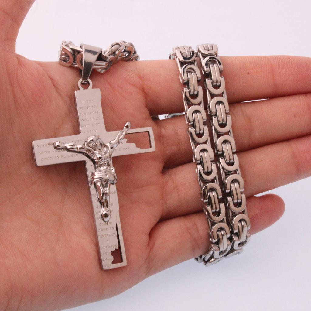 Religious Jesus Cross Necklace For Men Stainless Steel Crucifix Pendant with Byzantine Chain Necklaces Male Jewelry Gift