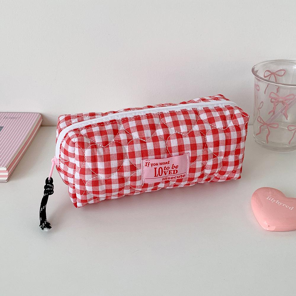 1pcs Quilted Heart Grid Pencil Pouch Korean Style Student Stationery Bag Portable Holder Storage Pouch Girls Bowknot Plaid