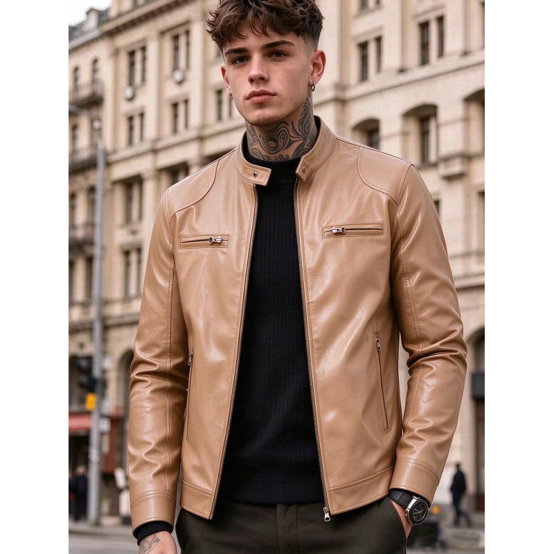 New men's stand-up collar PU leather jacket slim locomotive jacket autumn business casual ruffian handsome jacket