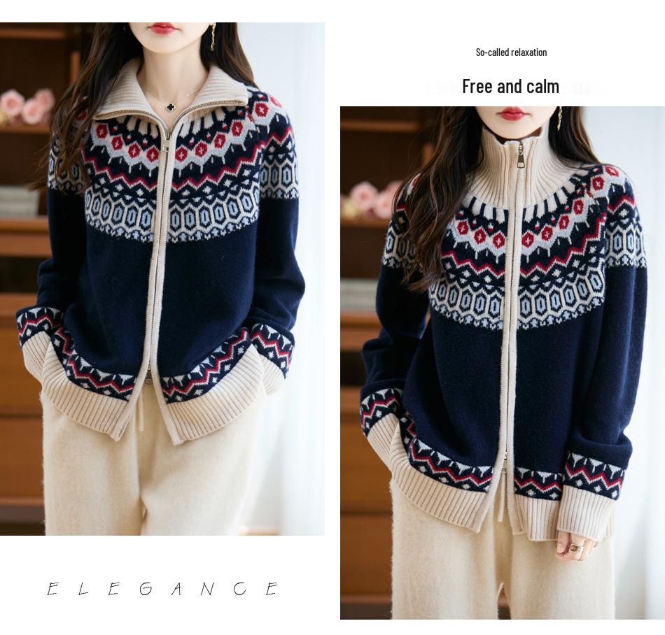Women's Thickened Fair Isle Pure Wool Cardigan – Loose Knit Sweater Coat for Autumn & Winter