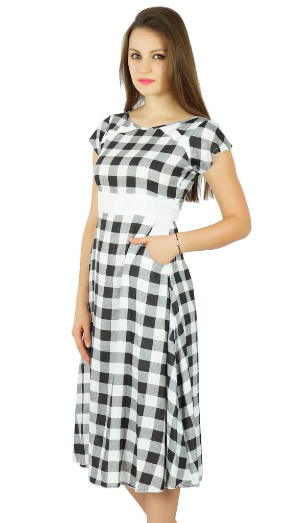 Bimba Womens Check Pattern Cotton Dress With Pockets Knee Length Casual Wear