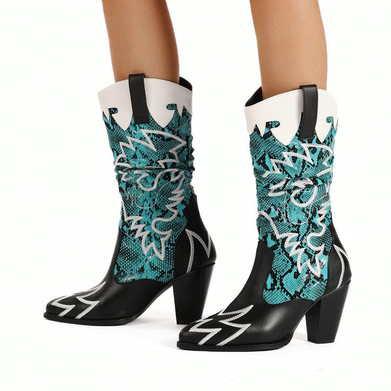 Fashion Cowboy Western Boots Women's Embroidery Mid Calf Boots Patchwork Snakeskin Mixed Colours Heels Shoes