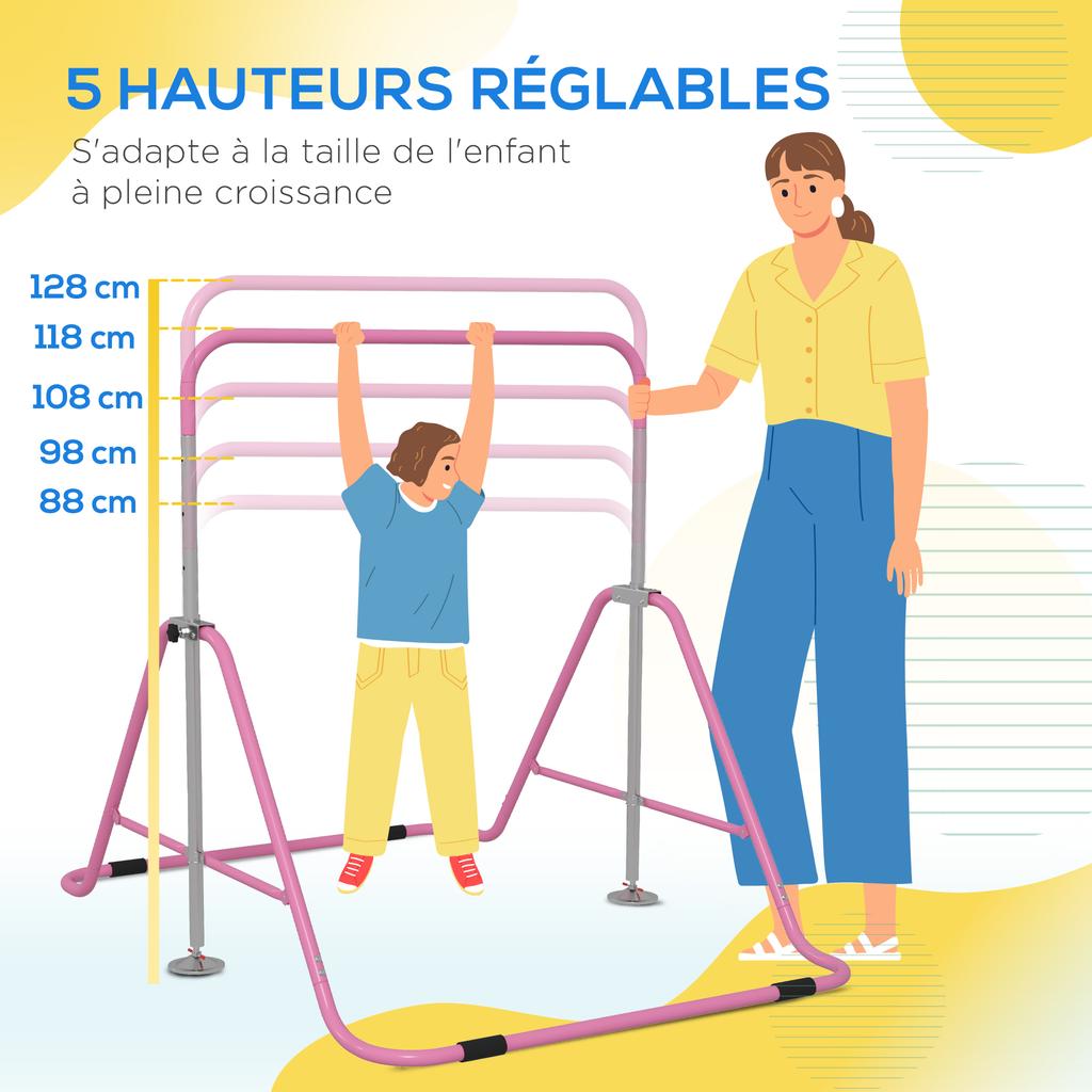 Kids Gymnastic Bar, with Adjustable Height, Foldable Horizontal Bars - Pink
