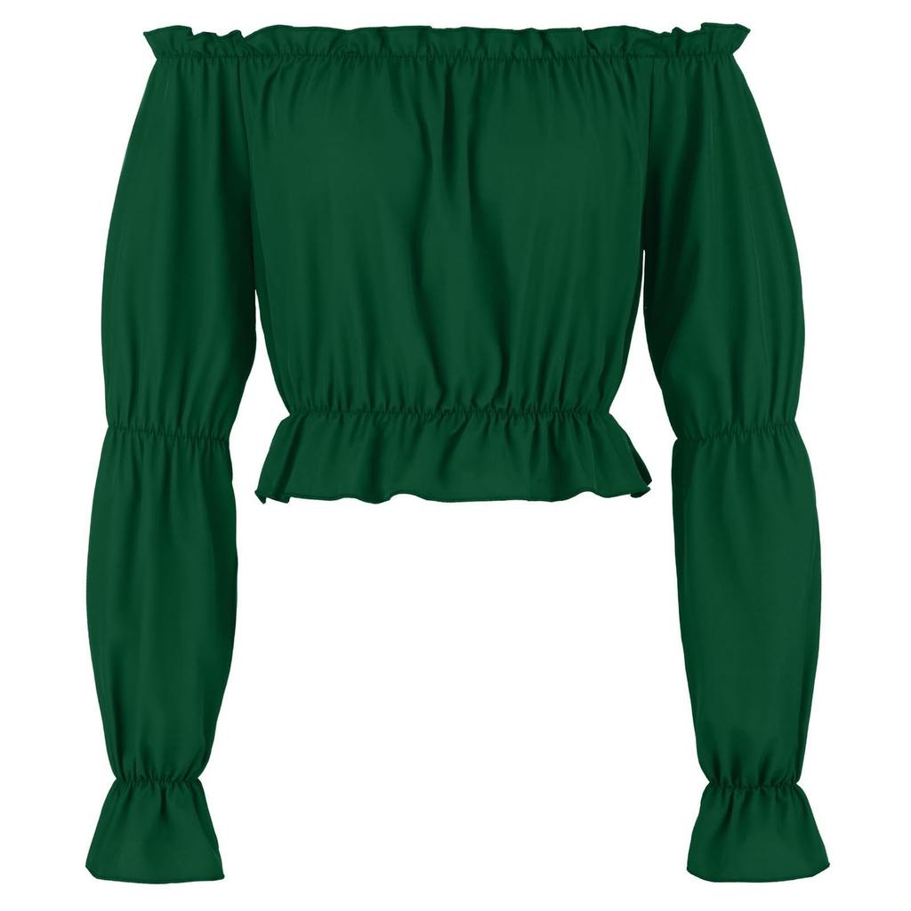 Women's Fashion Solid Color Long Sleeved Off Shoulder Pleated Strapless And Exposed Navel Shirt Top