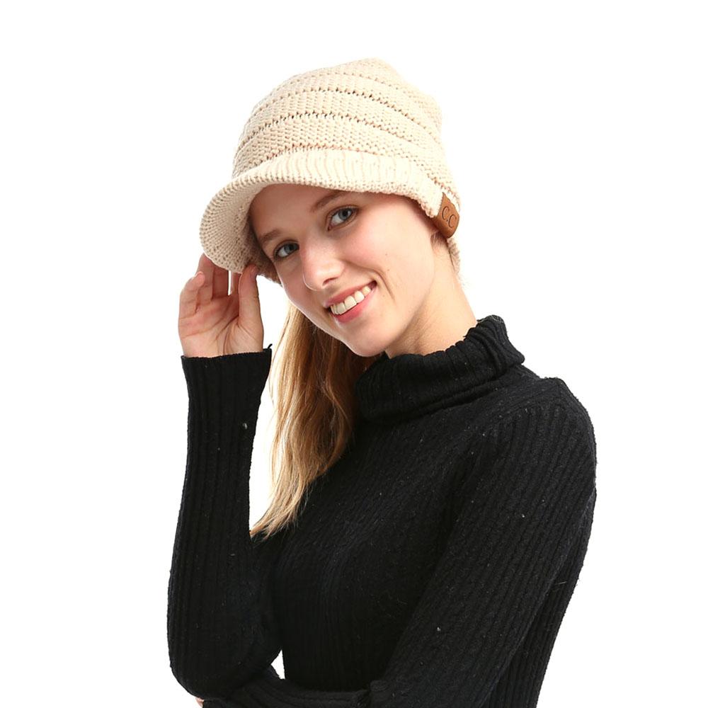 Winter Women Girl Soft Warm Knitted Thicken Hat Ponytail Beanie Caps with Visor Outdoor Snow Ski Sports Cap