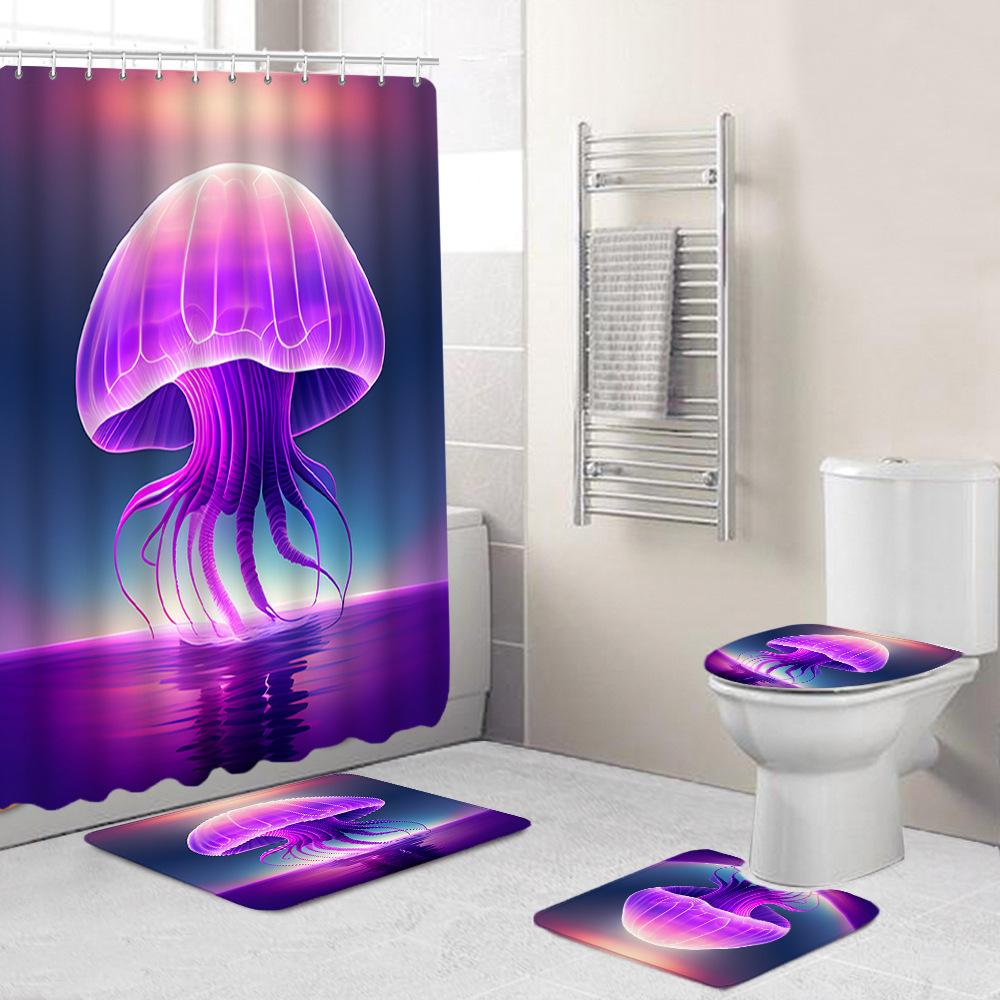 Creative Fashion Series Shower Curtain Floor Mat Combination Four-Piece Set Bathroom Toilet Carpet Shower Room Mat Foot Mat