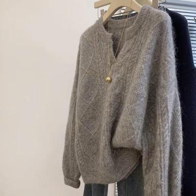 Women's Plus-Size Gray V-Neck Cable-Knit Pullover Sweater Autumn & Winter Thickened Loose Lazy-Style Knit Top