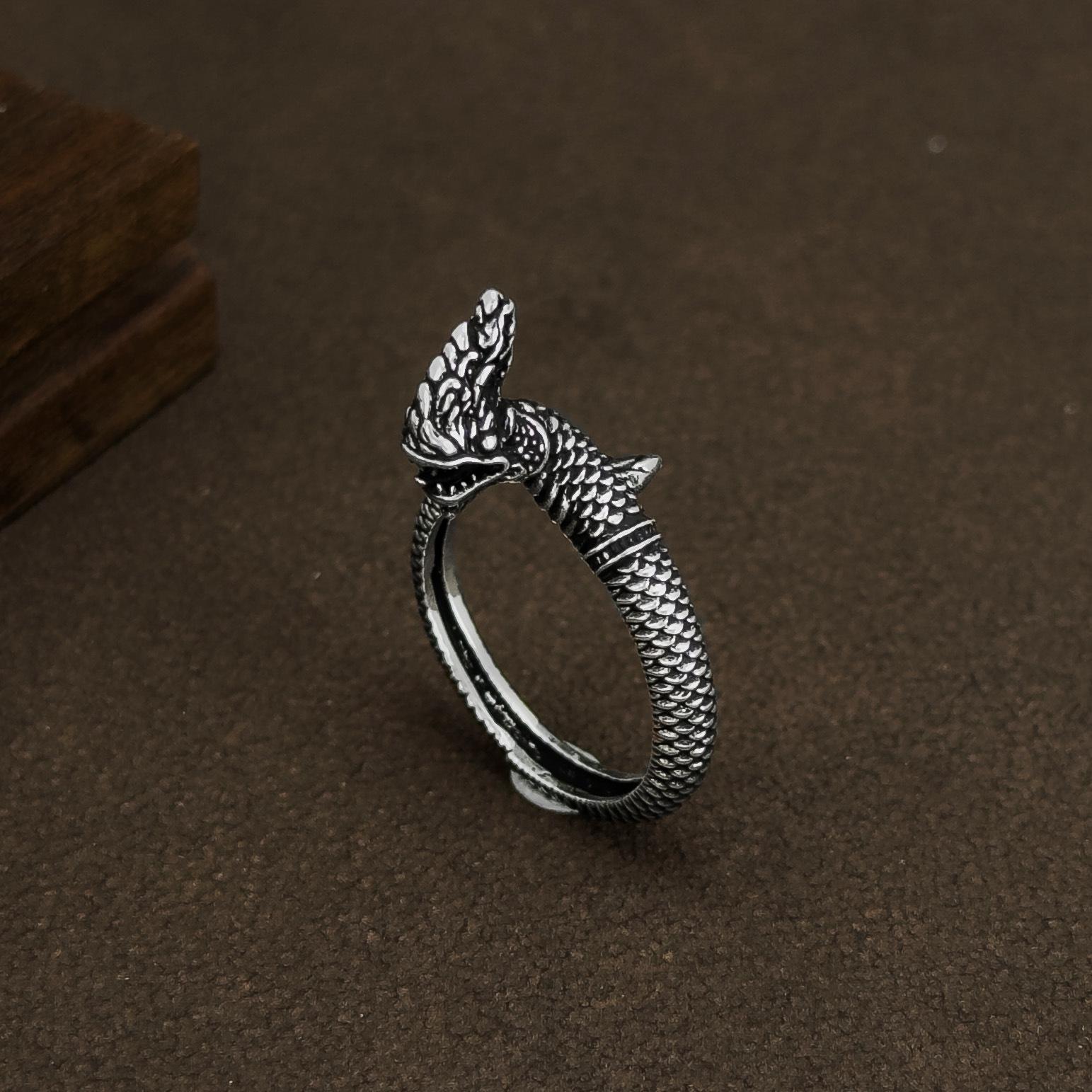 Sterling Silver Dragon Zodiac Ring - Adjustable Unisex Design, 925 Silver Domineering Style.