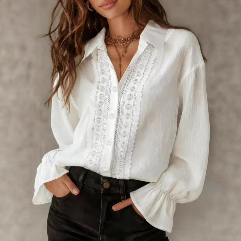 Women's Solid Color Lapel Single Breasted Lace Splicing Long Sleeve Solid Color Versatile Shirt
