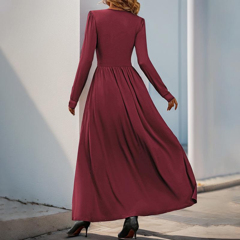 European & American Style Pleated Long Dress with Lace Slit for Spring