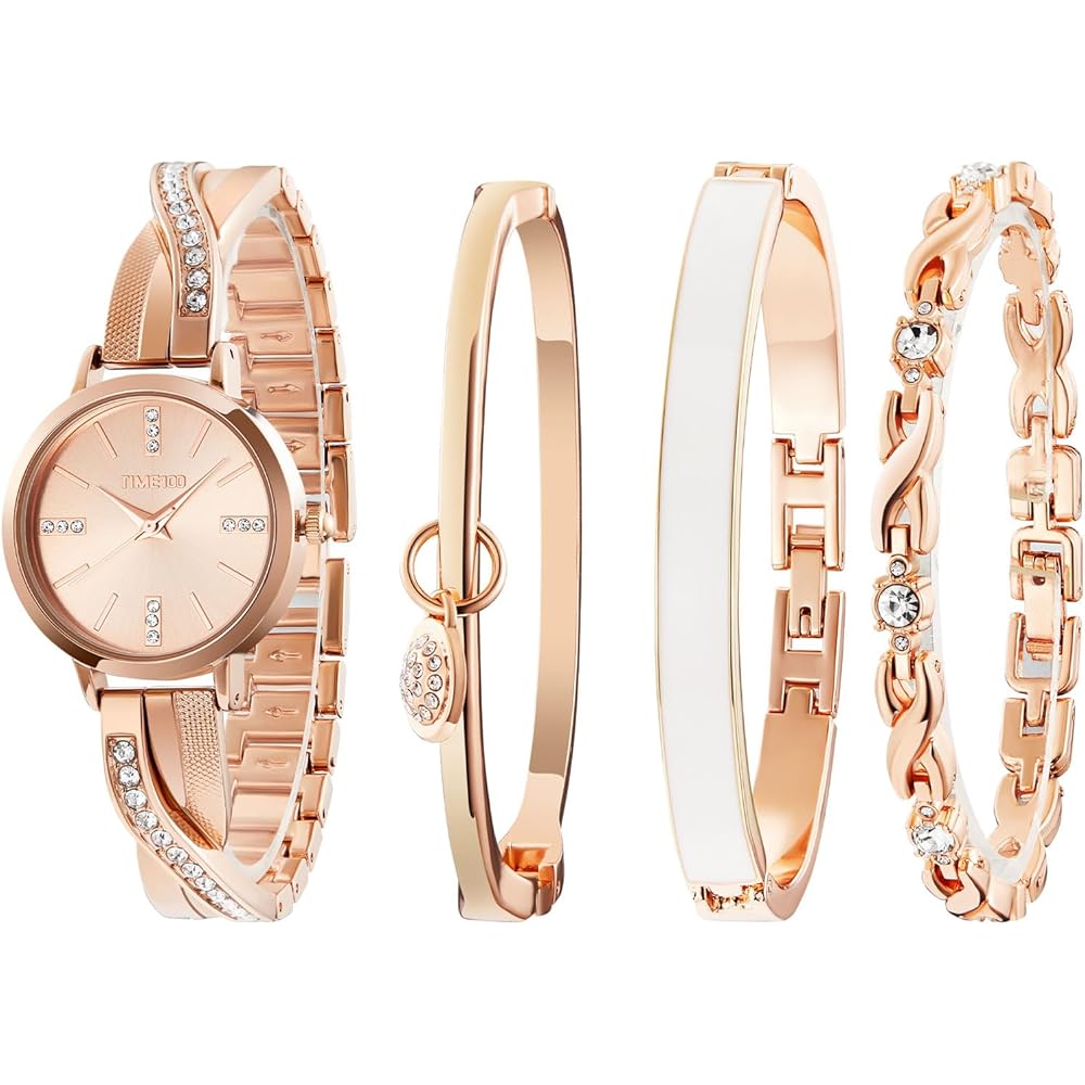 TIME100 Elegant Women s Watch Gift Set with 3 Bracelets Rose Gold Quartz Japan Made
