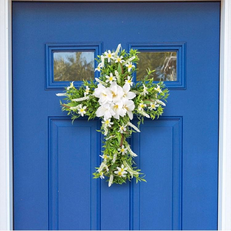 Easter Wreath Cross Door Sign Christian Floral Easter Decor for Front Door Porch
