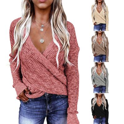 Women's V Neck Wrap Sweaters Long Sleeve Knitted Asymmetric Hem Pullover Solid Color Tops