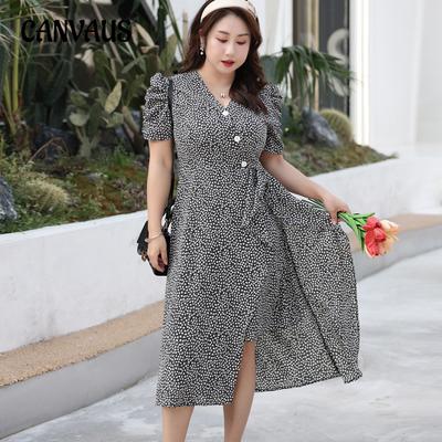 Plus Size Damen Sommer V-Ausschnitt Taille Süßes Kleid Temperament Chiffon Blumenkleider