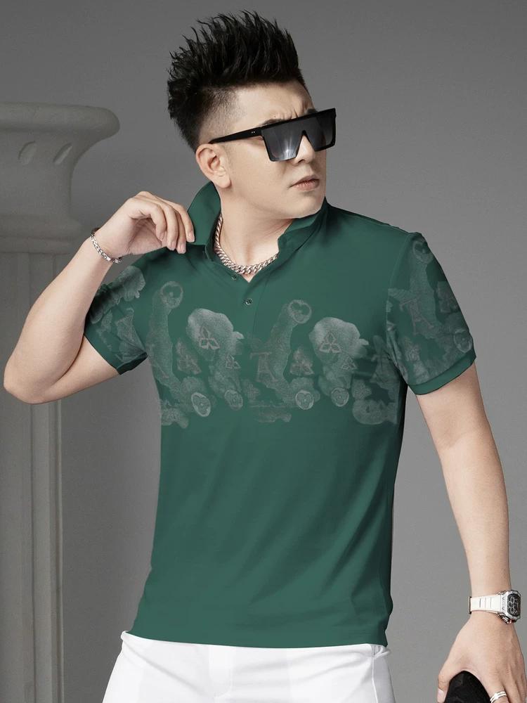 

Ozhouzhan 2025 Summer New Lapel Short sleeve T-shirt Men s Trend Slim fit Top Fashion Print Polo Shirt 3XL зелёный