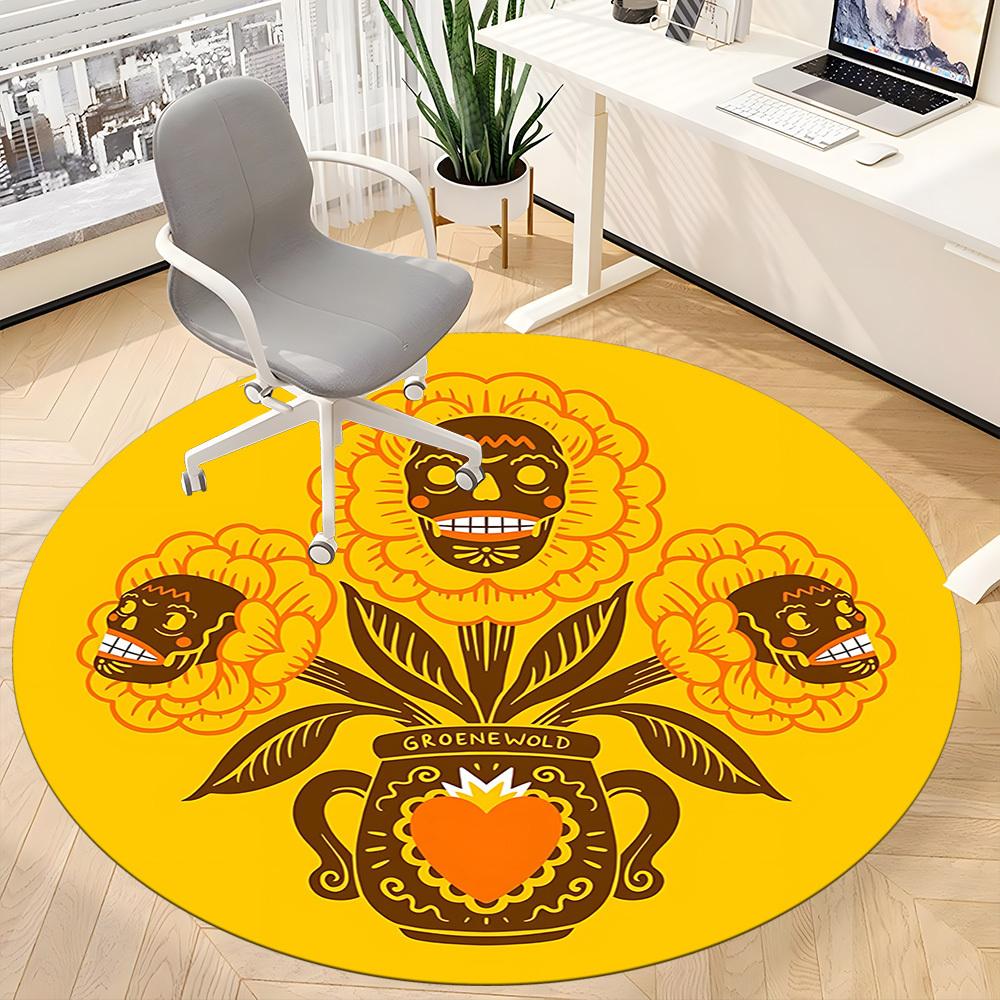 1pc Floral Skulls Office Round Area Rug, Mat Suitable For Office, Under Office Chairs Bedroom Living Room Home Decor, Room Deco
