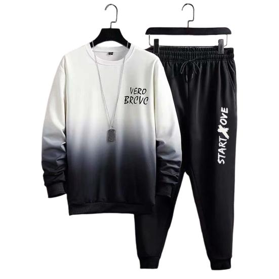 2 Pcs/Set Men Top Pants Suit Gradient Contrast Color Long Sleeve Round Neck Loose Elastic Waist Ankle Banded Hip Hop Sports Tracksuit Fall Spring Top