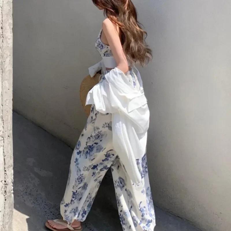 Korea 2 Piece Sets Females Outifits Summer Clothes Floral V-Neck Spaghetti Strap Camisole and Drawstring Elastic Waist Pants
