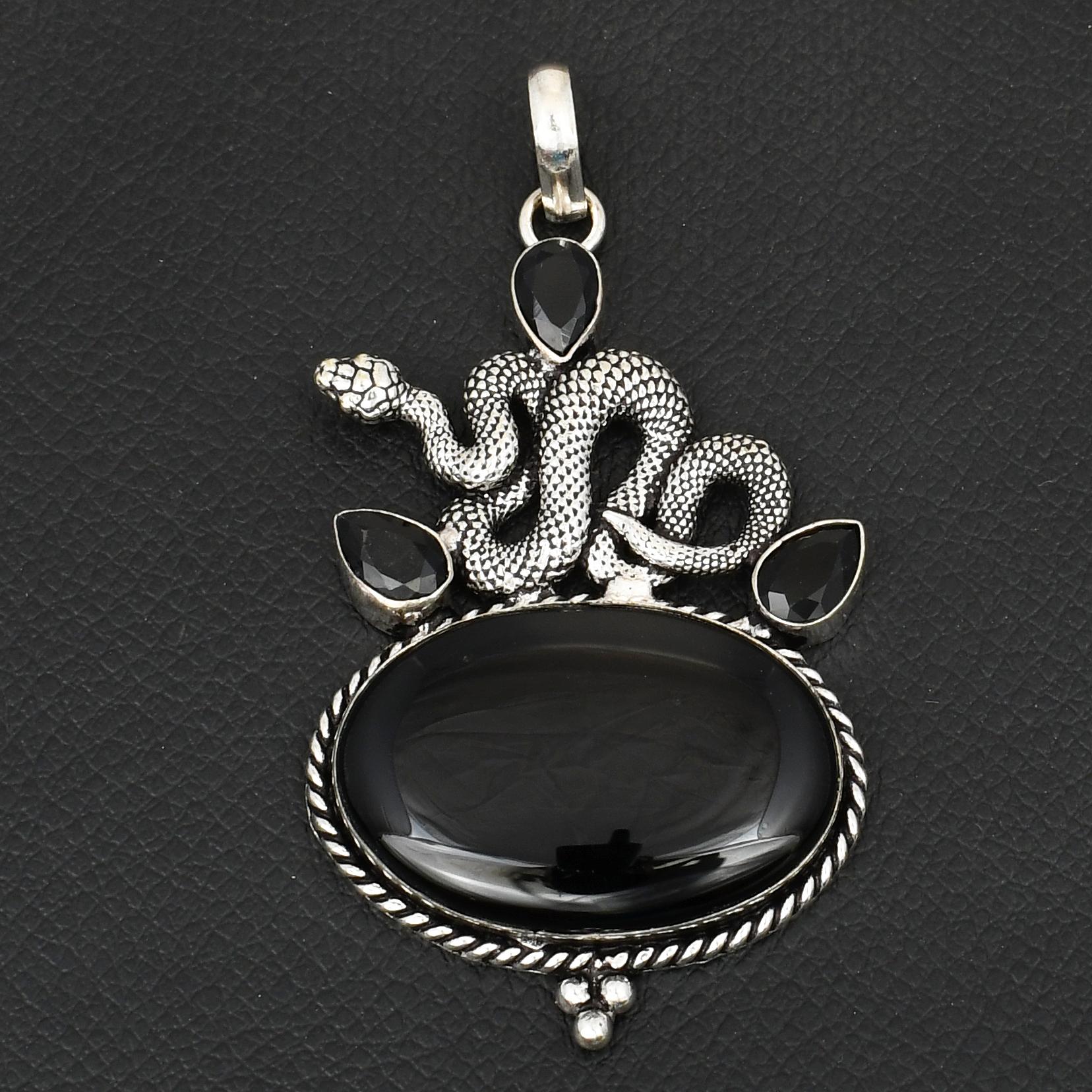 

Handmade 925 Sterling Silver Snake Pendant with Large Oval Black Onyx Gemstone Jewelry for Men & Women, Unique Artisan Gift