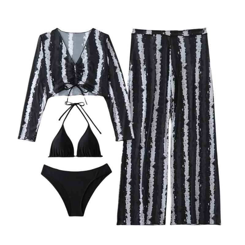 

Swimsuit Simple Style Three-piece Sunscreen Sexy Bikini Black White Cardigan Pantsuit Women XXL