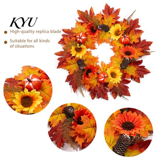Decorative Door Hanger Fall Sunflower Maple Leaf Wreath with Pumpkin Pinecone, Thanksgiving Harvest Artificial Wreath, Indoor Outdoor Autumn Decor for