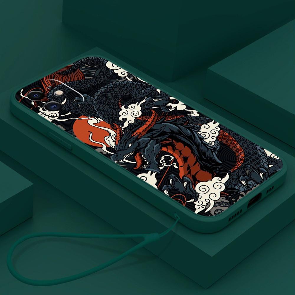 Samsung Galaxy A14 A24 A23 A13 A53 A54 A34 S23 FE for iPhone 11 12 13 14 15 Pro Max Soft Straight Edge Telefonveske Med snordeksel A33 Dragon design