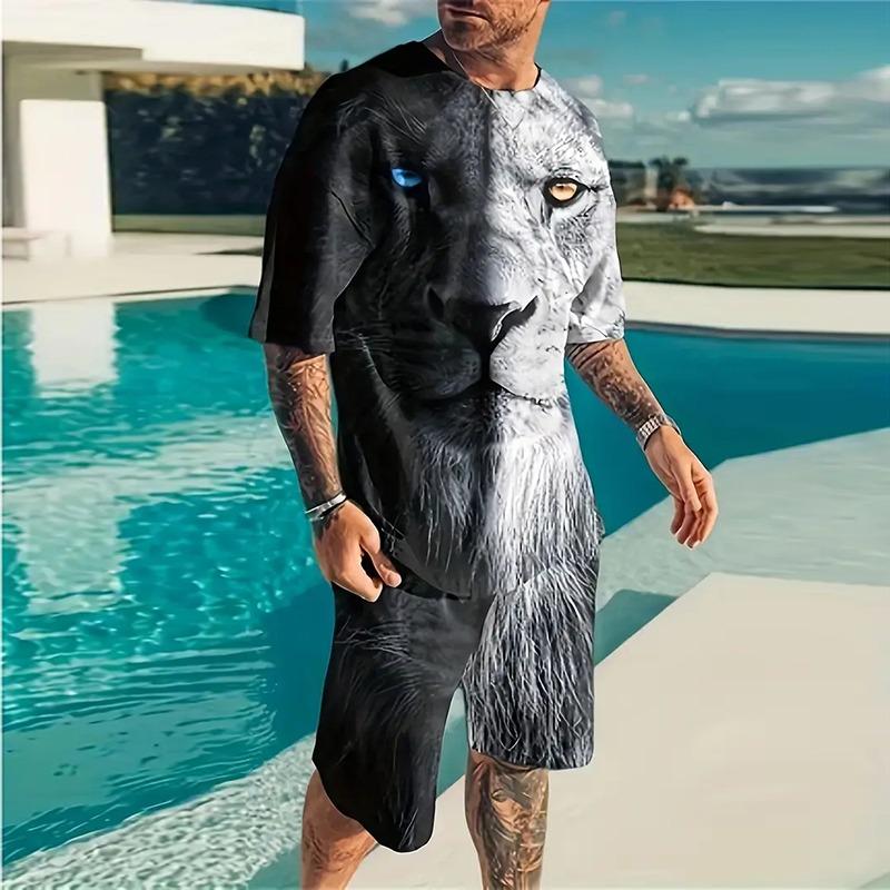 Fashion Men's Sportswear Suit Printed Tiger Pattern Oversized Men's Top Y2K Style Breathable Fresh Short Sleeve Shorts Suit
