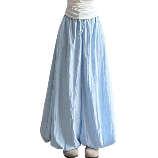 Women Pants Elastic Waistband Adjustable Drawstring Wide Leg Bud Skirt Pants with Pockets Pure Color Loose Fit Summer Pants Daily Wear