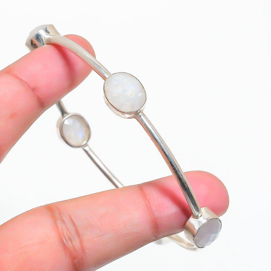 Rainbow Moonstone Gemstone Handmade 925 Sterling Silver Cuff Bangle 6-7" KJ-1778