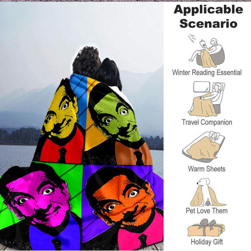 1pc Mr. Bean Pop Art Flannel Throw Blanket HD Printed Lightweight Soft Warm All Season Blanket for Sofa, Bed, Travel, Camping Machine Washable
