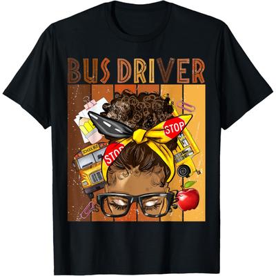 School Bus Driver Life Messy Bun Afro Arican Black Women T-Shirt