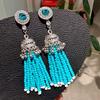 Vintage Blue Turquoise Tassel Earrings with Rhinestone Inlay