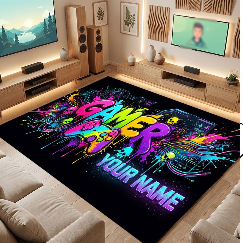 Neon Colorful Theme Crystal Velvet Floor Rug Personalized Custom Name Text Warm Carpet Home Decoration
