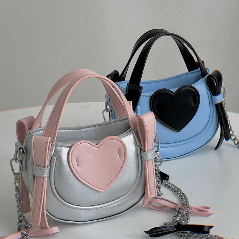 Silver Heart Chain Crossbody Designer Mini Bow Shoulder Bag Women Fashion Handbag Ladies Versatile Lipstick Purses Y2k Aesthetic