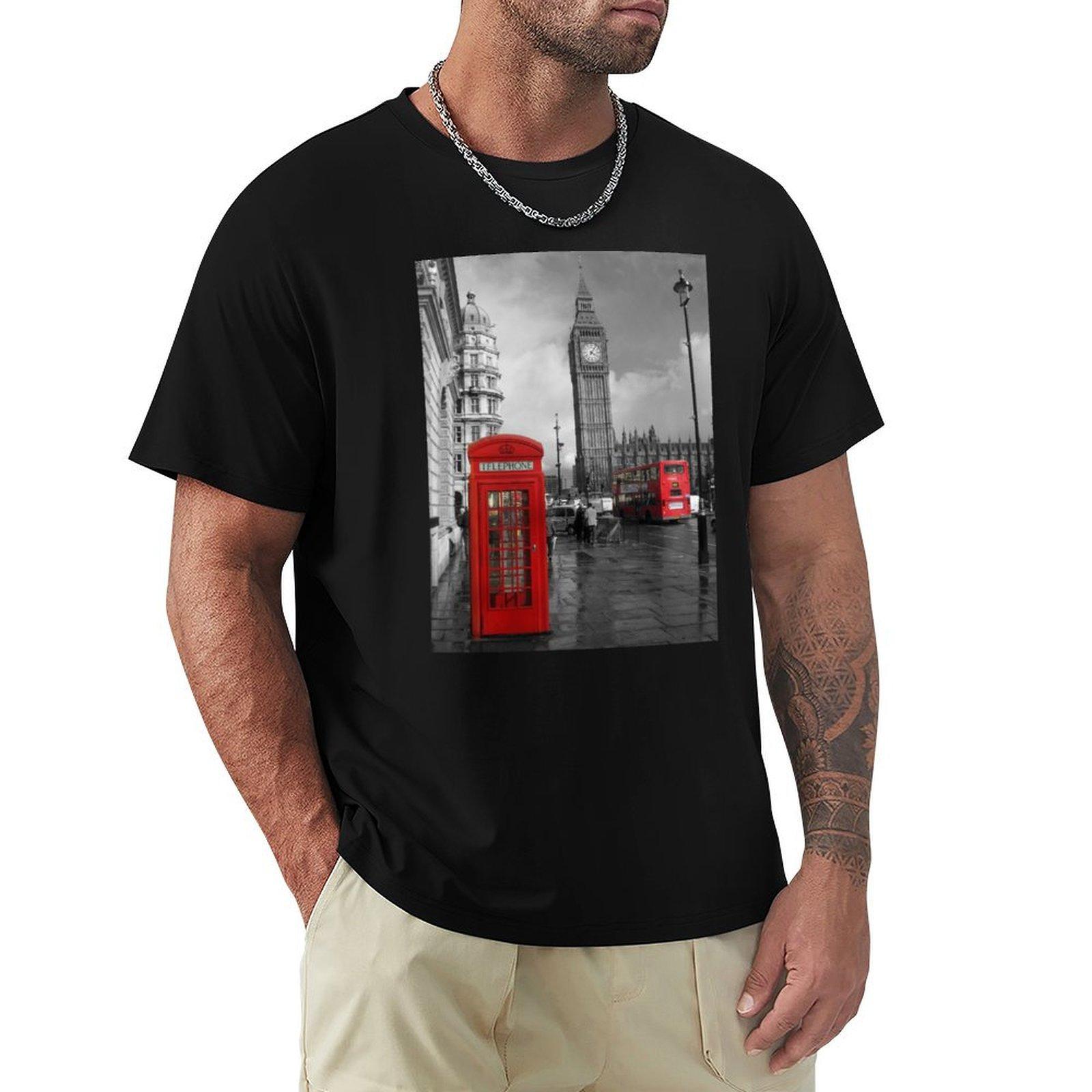 

London England city black and white photo of Big Ben with red phone booth and red double decker bus TShirt 4XL