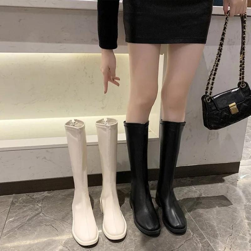 Large Size Long Leg Women's Boots Square Toe High Leg Flat Bottom Low Heel Zipper Knight Boots Platform Boots  Women Shoes