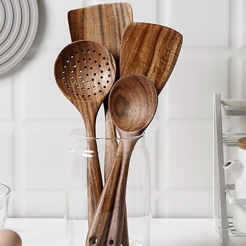 Wood Cooking Utensils Set of 4 Safe Natural Wood Cooking Spoons Kitchen Cookware Large Soup Spoon Cooking Utensils Spatula