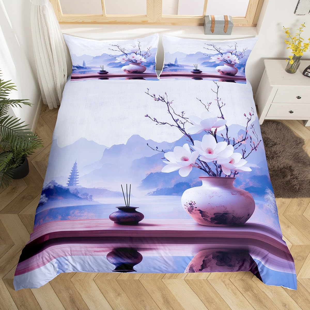 

Minimalist Zen Stone Duvet Cover Boho Comforter Cover Purple Flowers Twin Bedding Set,Black Stones Print Bed Set For Girls Woman EU Single(135x200cm)