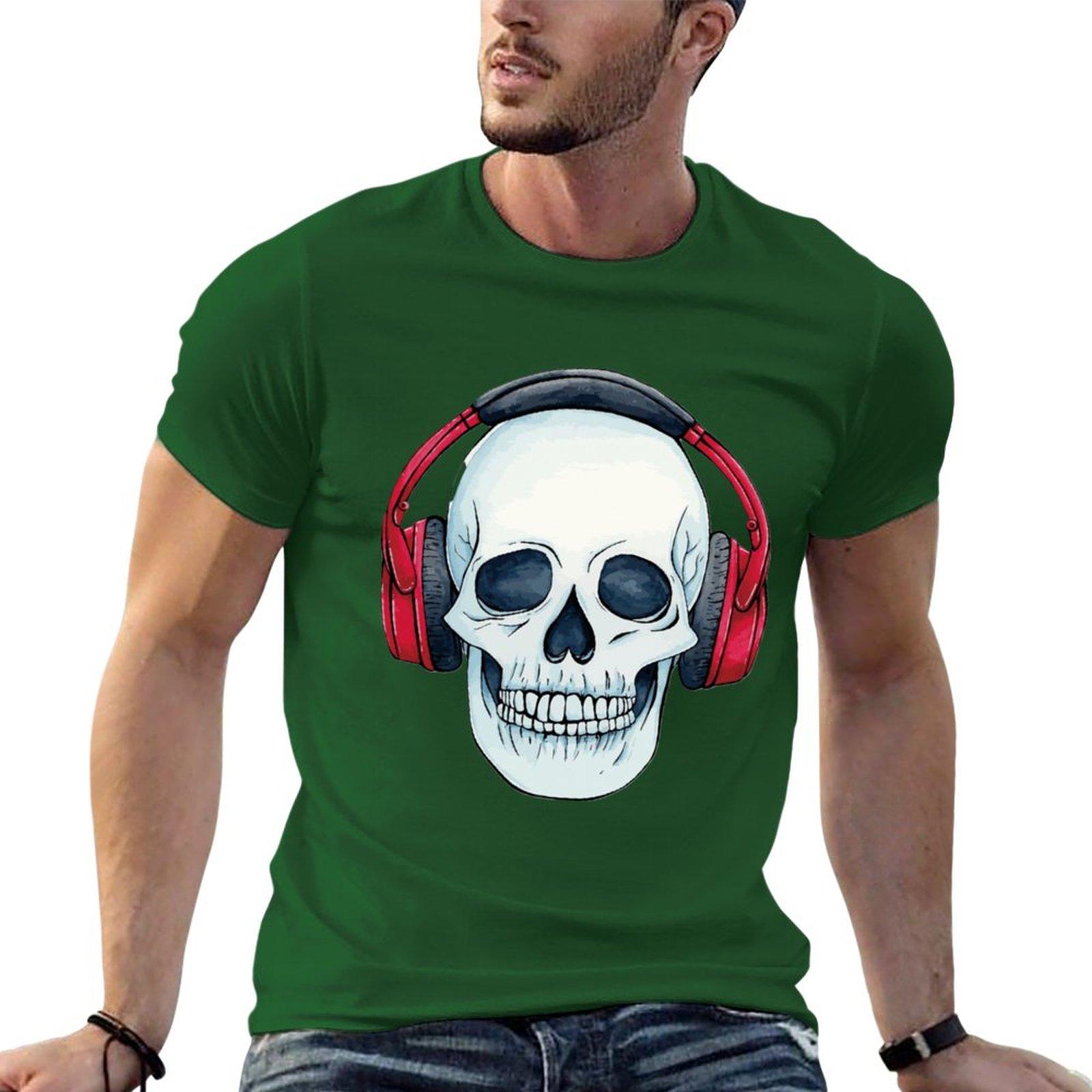 

New skull wearing headphones T-Shirt sweat shirts black t shirts cute tops mens graphic t-shirts hip hop 4XL